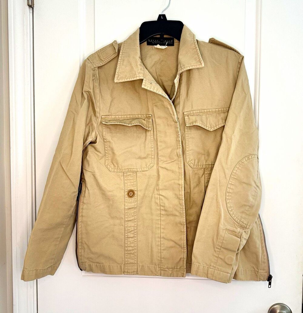 Harve Benard Women's Military Jacket Beige Cotton Canvas Zip/Button Pockets